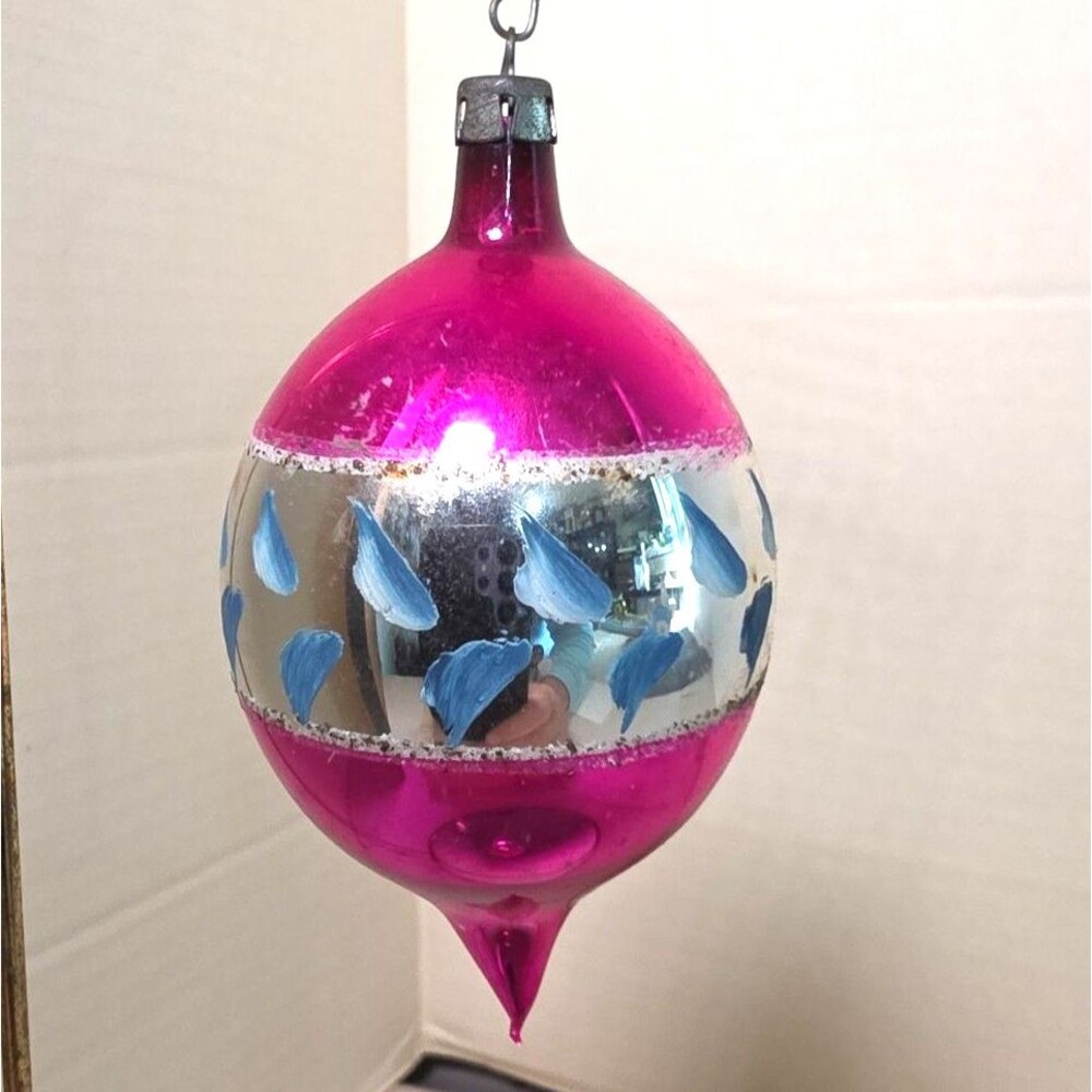 Vintage Poland Glass Christmas Ornament Pink Blue Silver Teardrop